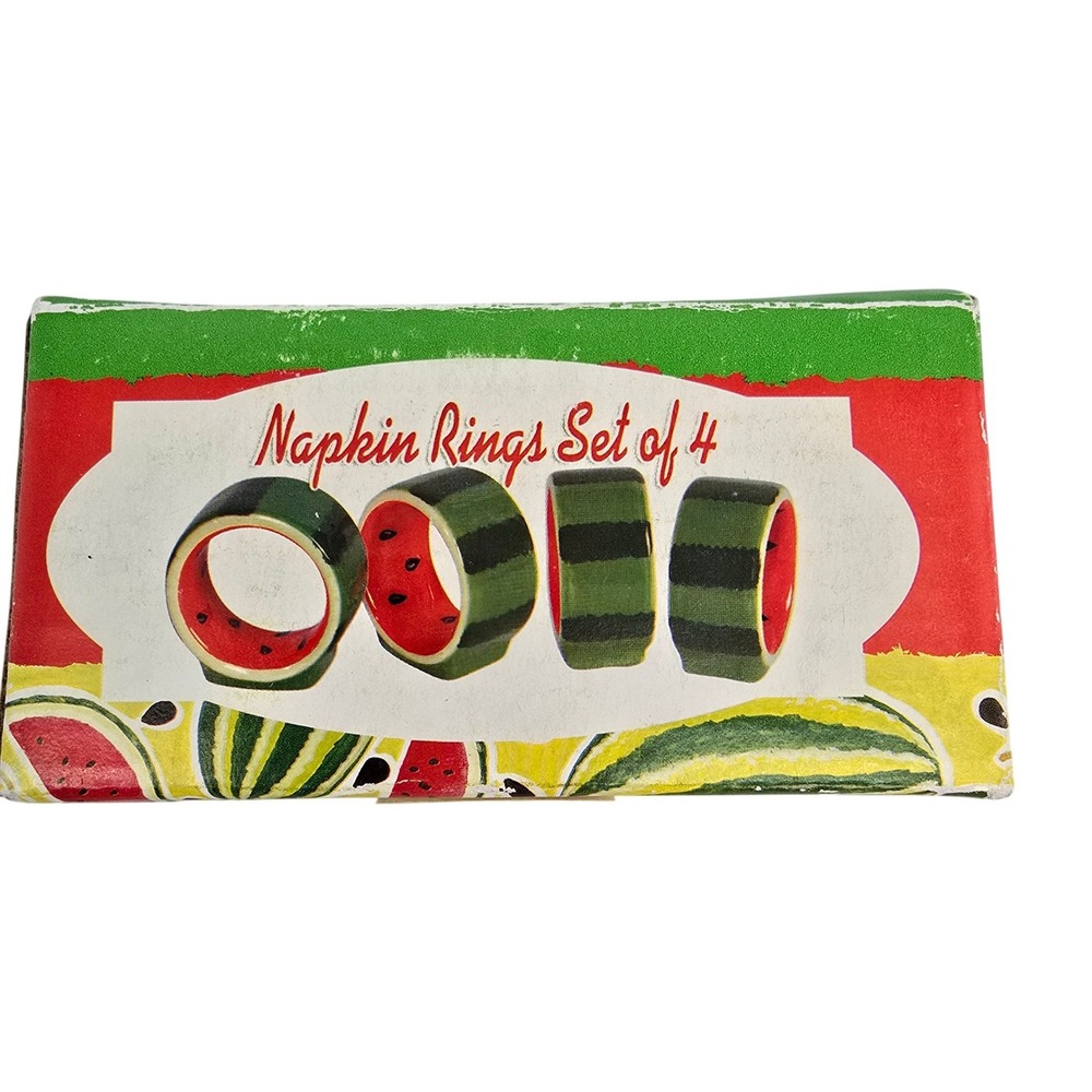 Watermelon Ceramic Napkin‎ Rings Set of 4 Summer Picnic Table Decor Green Red